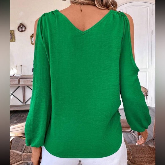 Classic Elegant Cut Out Cold Shoulder Long Sleeve Top Blouse Shirt Green - Picture 3 of 5